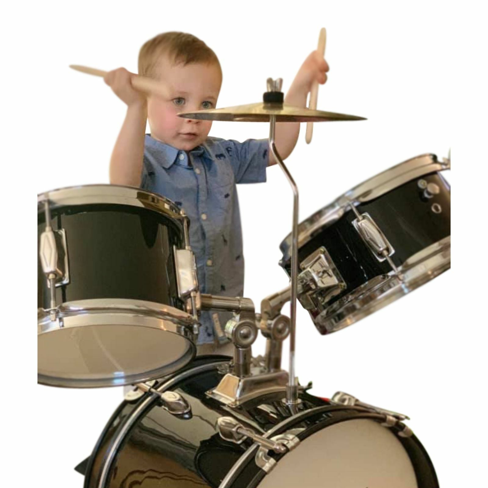 The Axiom Music Axiom Childrens Drum Set - Blue includes three drums, a cymbal, a stool, and drumsticks—ideal for young musicians seeking fun and durability.