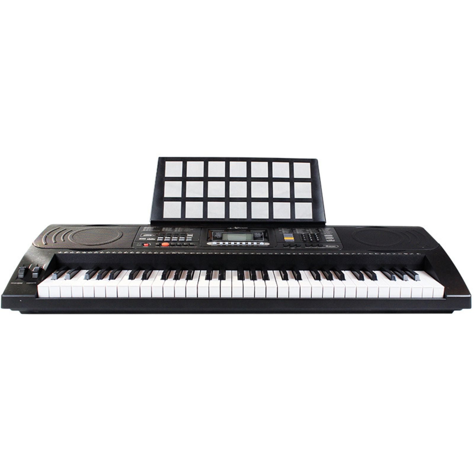 The Axiom Student Beginner Keyboard with Touch Response by Axiom Music features 61 white and black keys, control buttons, speakers, a sheet music stand, and intelligent teaching functions.