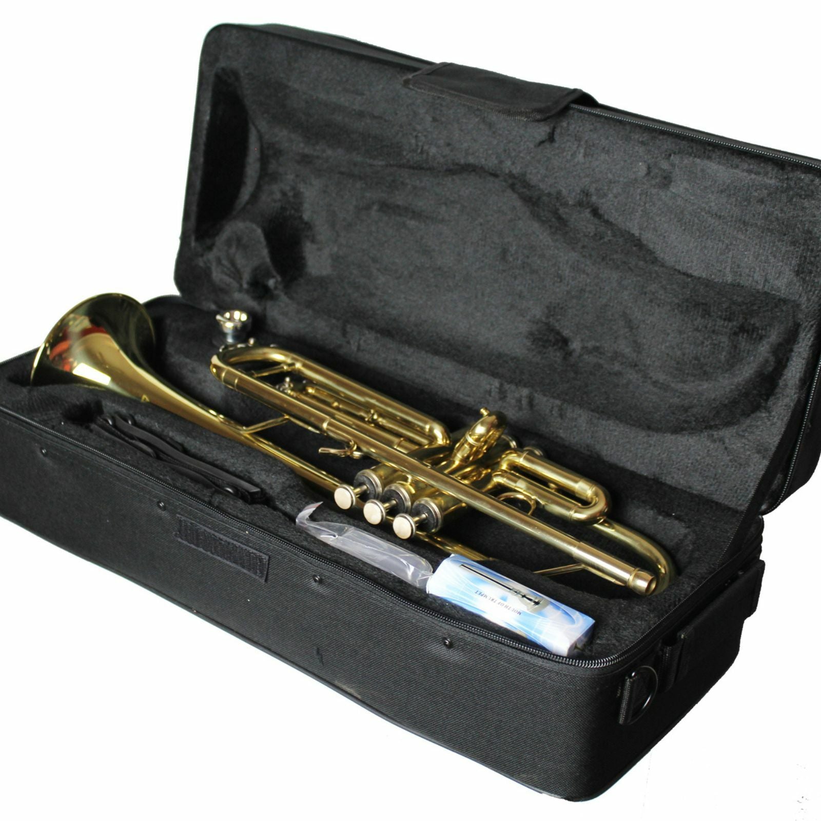 The Axiom Prelude Trumpet Outfit - School Band by Axiom Music includes a yellow brass body, three valves, and a silver mouthpiece, shown on a white background for easy playability.