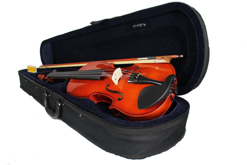 A violin with a black chin rest and bow is placed inside an open black hard case.