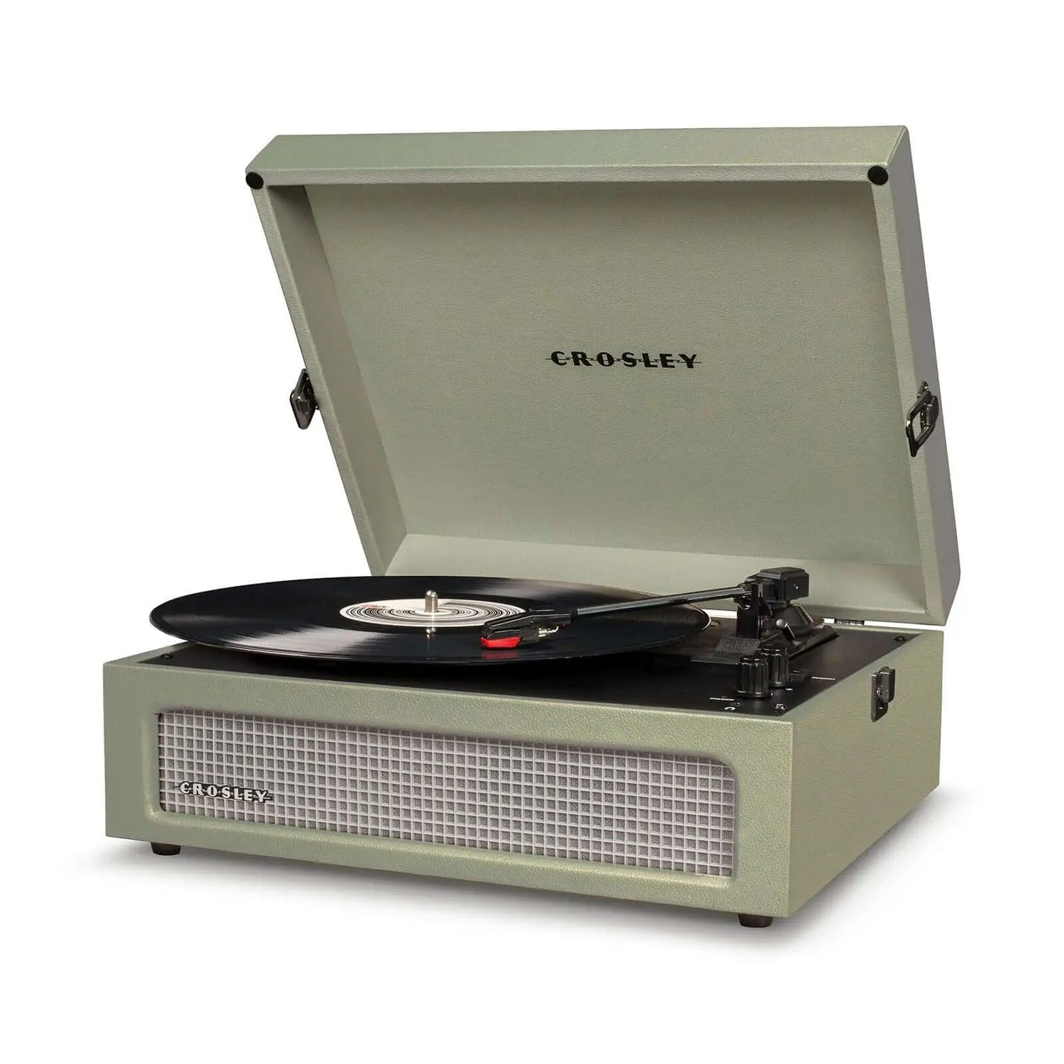 A Crosley record player with an open lid and a vinyl record on the turntable, showing the front speaker grille and tonearm in place.