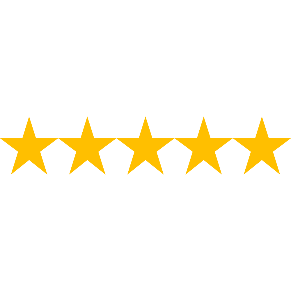 A row of five evenly spaced yellow stars on a black background, representing a five-star rating.