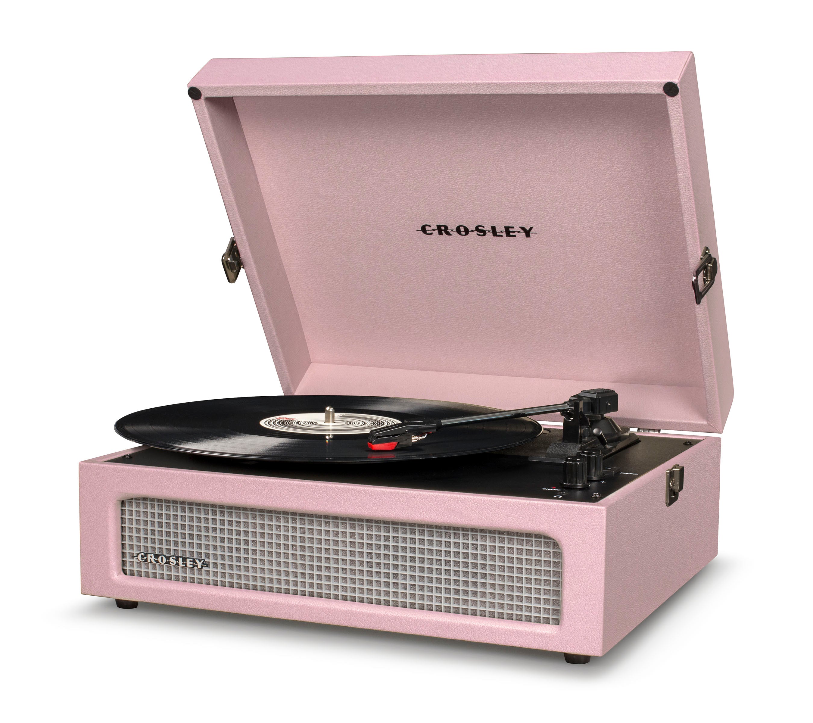 The Crosley Voyager Amethyst Bluetooth Portable Turntable, shown with its lid open and tonearm on a spinning vinyl, combines retro charm with modern features in a stylish pink design.