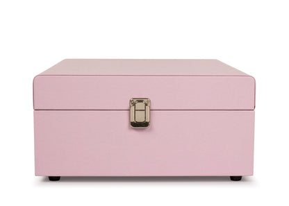 The Crosley Voyager Amethyst Bluetooth Portable Turntable, shown with its lid open and tonearm on a spinning vinyl, combines retro charm with modern features in a stylish pink design.