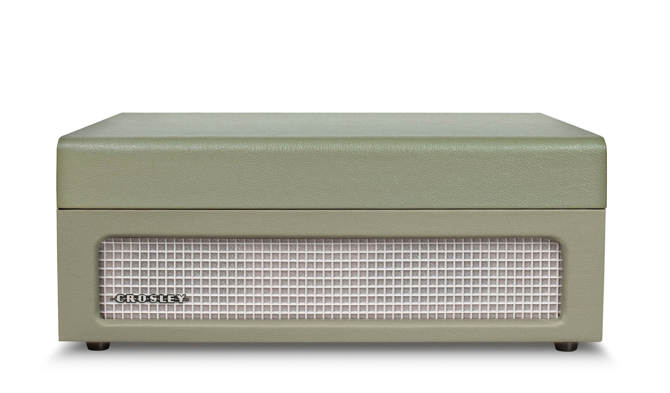 The Crosley Voyager Sage Bluetooth Portable Turntable by Crosley is shown with the lid open, playing a vinyl record. The front panel includes a speaker grille, control knobs, and RCA outputs for easy connectivity.