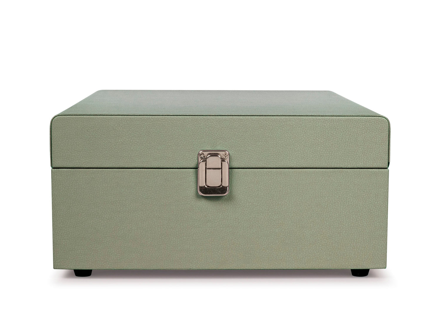 The Crosley Voyager Sage Bluetooth Portable Turntable by Crosley is shown with the lid open, playing a vinyl record. The front panel includes a speaker grille, control knobs, and RCA outputs for easy connectivity.