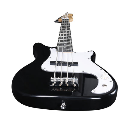 The Axiom Music Enterprise 3/4 Bass Guitar in black features a white pickguard, four strings, and light headstock—ideal as a beginner or travel bass—displayed on a white background.