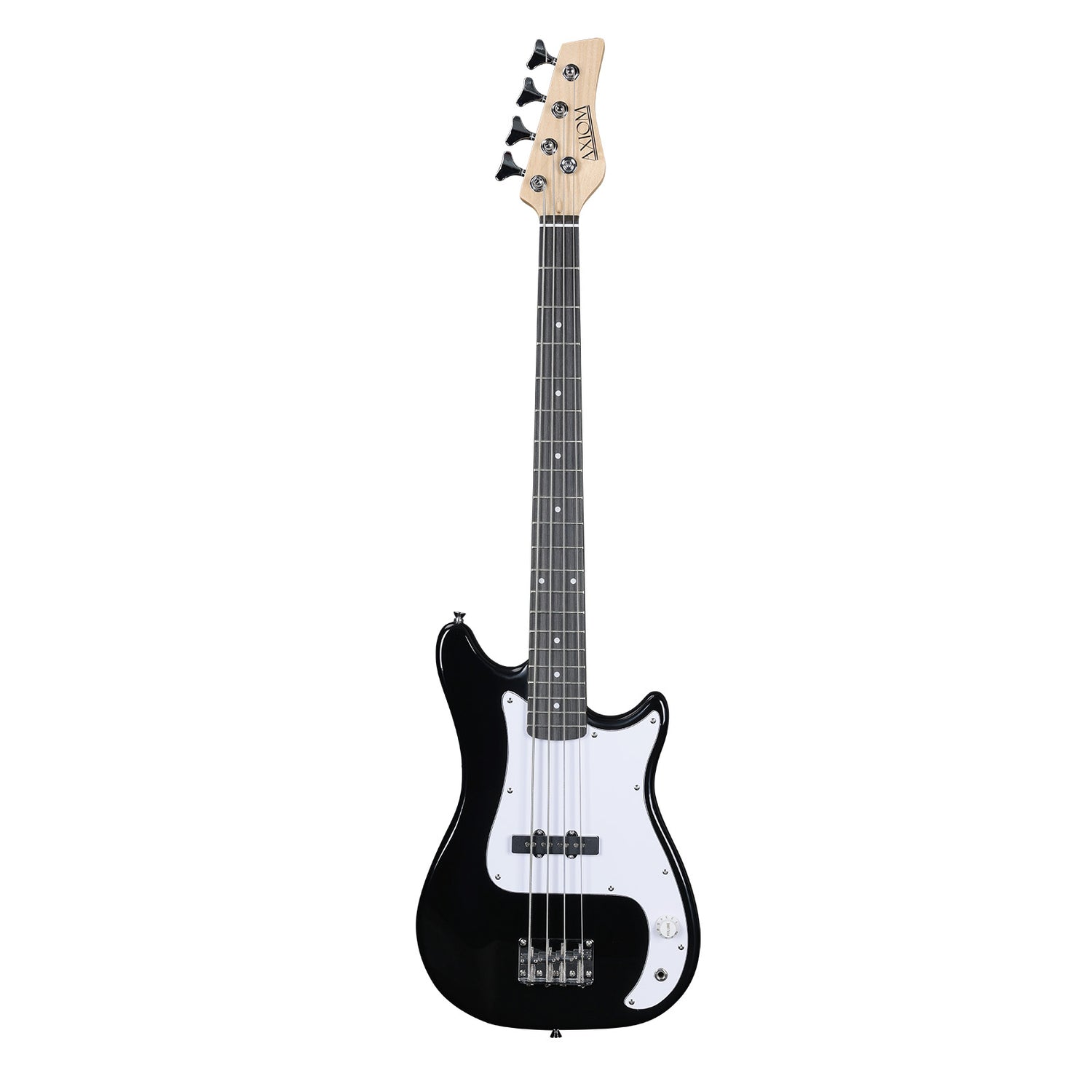 The Axiom Music Enterprise 3/4 Bass Guitar in black features a white pickguard, four strings, and light headstock—ideal as a beginner or travel bass—displayed on a white background.