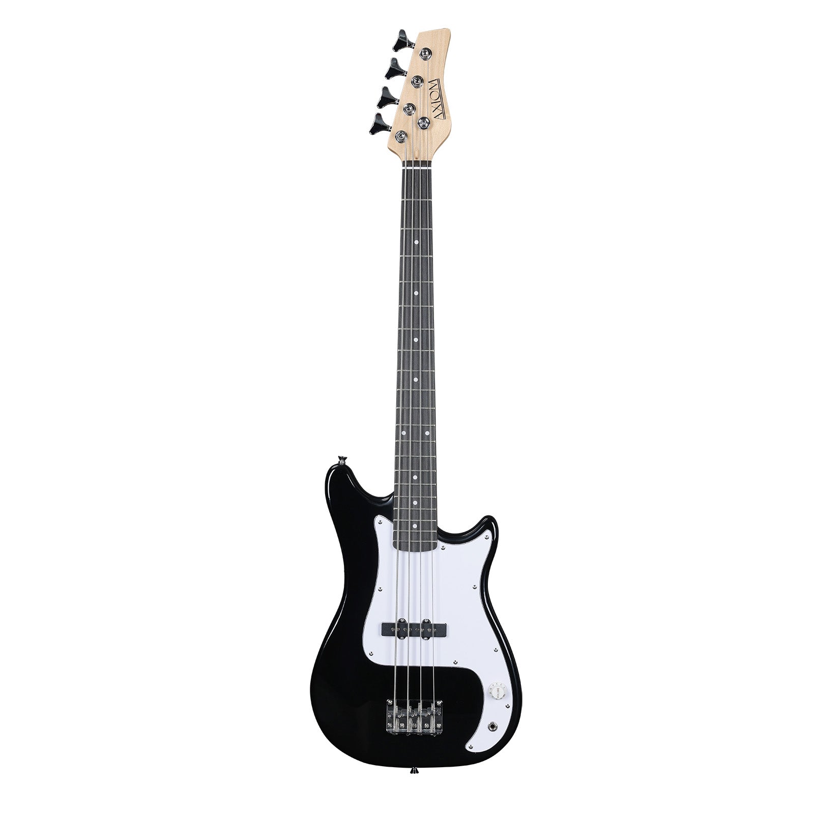 The Axiom Music Enterprise 3/4 Bass Guitar in black features a white pickguard, four strings, and light headstock—ideal as a beginner or travel bass—displayed on a white background.