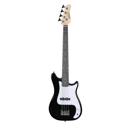 The Axiom Music Enterprise 3/4 Bass Guitar in black features a white pickguard, four strings, and light headstock—ideal as a beginner or travel bass—displayed on a white background.
