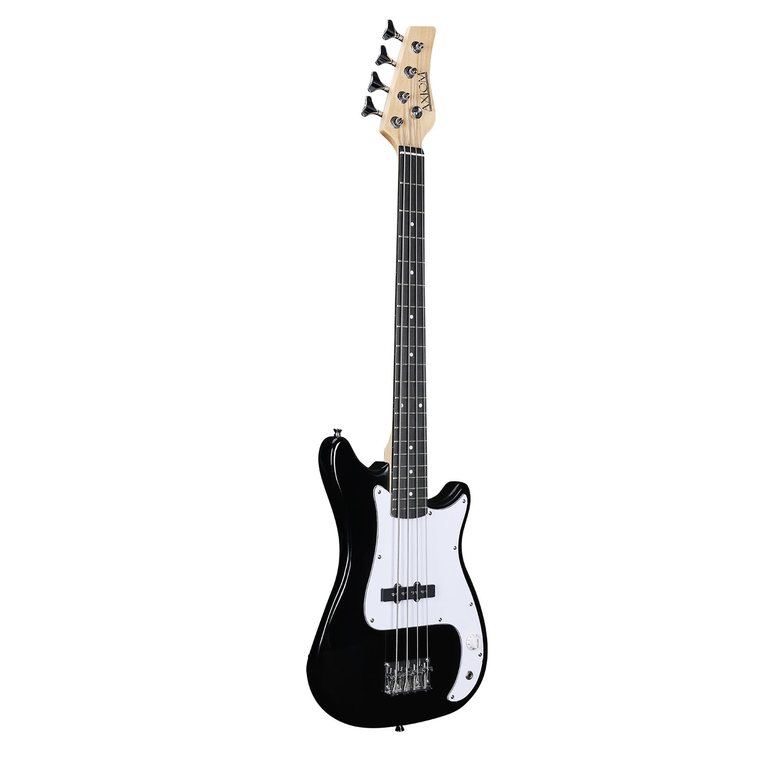 The Axiom Music Enterprise 3/4 Bass Guitar in black features a white pickguard, four strings, and light headstock—ideal as a beginner or travel bass—displayed on a white background.