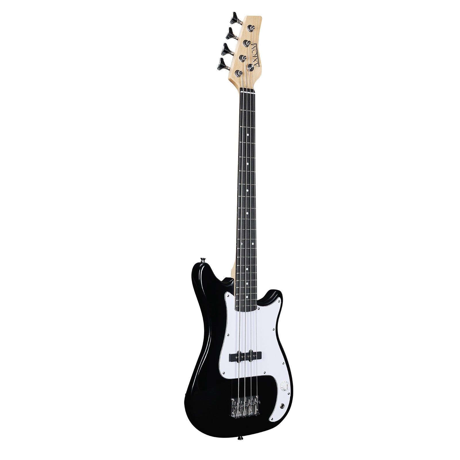 The Axiom Music Enterprise 3/4 Bass Guitar in black features a white pickguard, four strings, and light headstock—ideal as a beginner or travel bass—displayed on a white background.