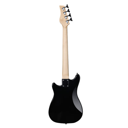 The Axiom Music Enterprise 3/4 Bass Guitar in black features a white pickguard, four strings, and light headstock—ideal as a beginner or travel bass—displayed on a white background.