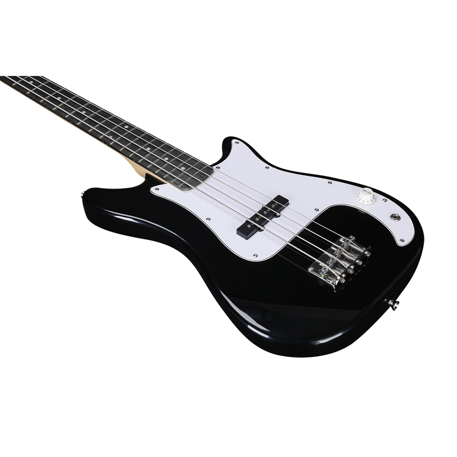 The Axiom Music Enterprise 3/4 Bass Guitar in black features a white pickguard, four strings, and light headstock—ideal as a beginner or travel bass—displayed on a white background.