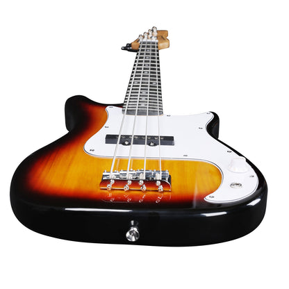 The Axiom Music Enterprise 3/4 Bass Guitar in sunburst features a white pickguard, four strings, and black tuning pegs, displayed against a white background.