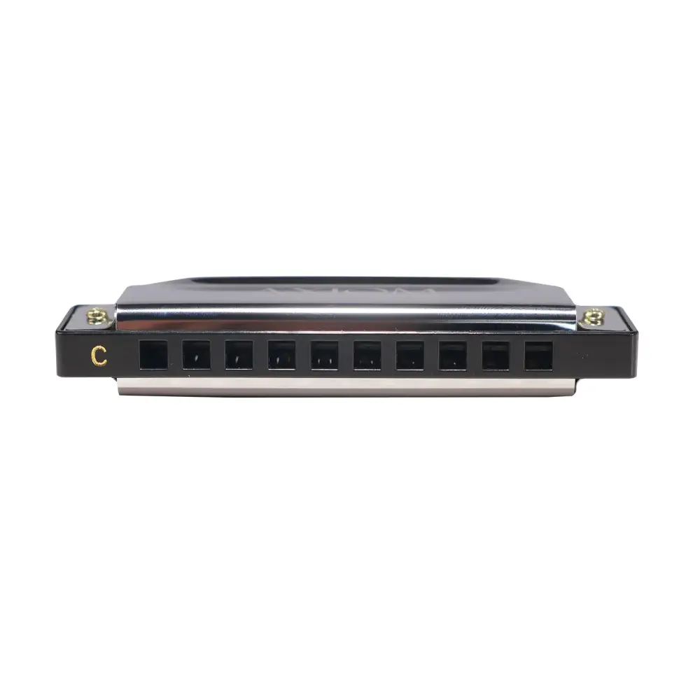 Black hohner axiom 10 hole diatonic blues harp in c with shiny metallic reed plate and gold tuning screws