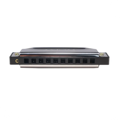 Black hohner axiom 10 hole diatonic blues harp in c with shiny metallic reed plate and gold tuning screws