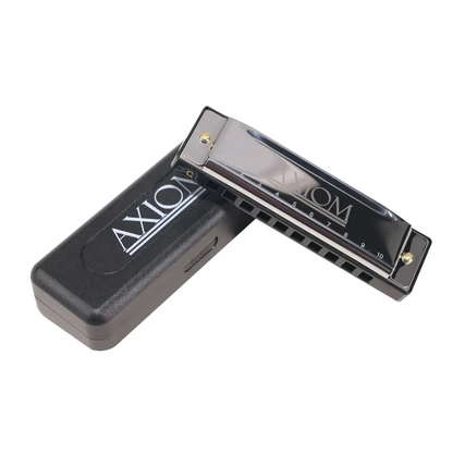Black axiom 10 hole diatonic blues harp harmonica in c with glossy finish and silver lettering beside matching case