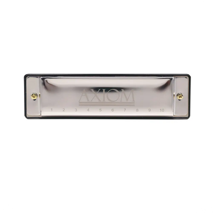 Axiom 10 hole diatonic blues harp in c with sleek silver body and black plastic edges