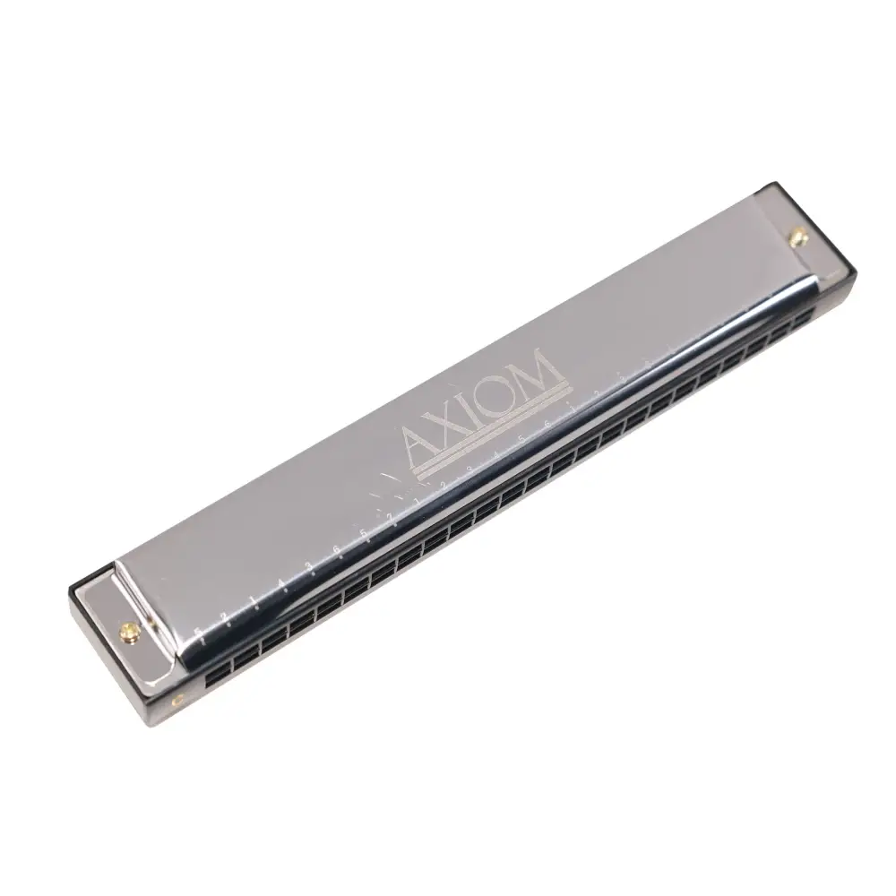 A sleek silver axiom 24 hole harmonica in key of c with polished metallic finish and precise key markings