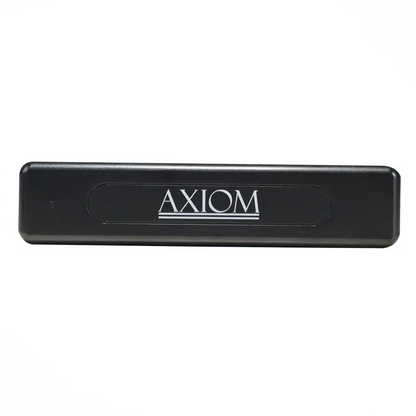 Black axiom 24 hole harmonica in key of c with a matte finish and white lettering on a rectangular device