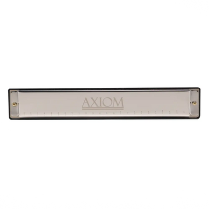 A sleek silver axiom 24 hole harmonica key of c with polished metal body and black edges