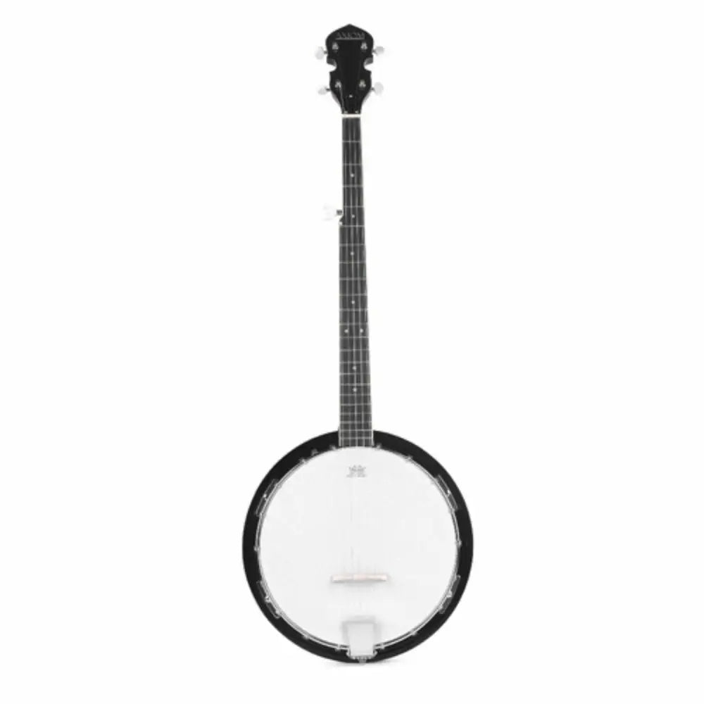 Black and white 5 string beginner banjo with dark fretboard and light head for students