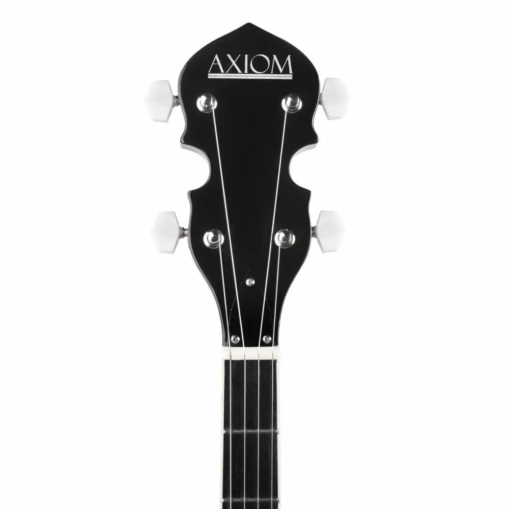 Black banjo headstock with white tuning pegs and AXIOM logo on Axiom 5 string beginner banjo