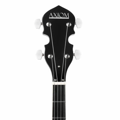 Black banjo headstock with white tuning pegs and AXIOM logo on Axiom 5 string beginner banjo