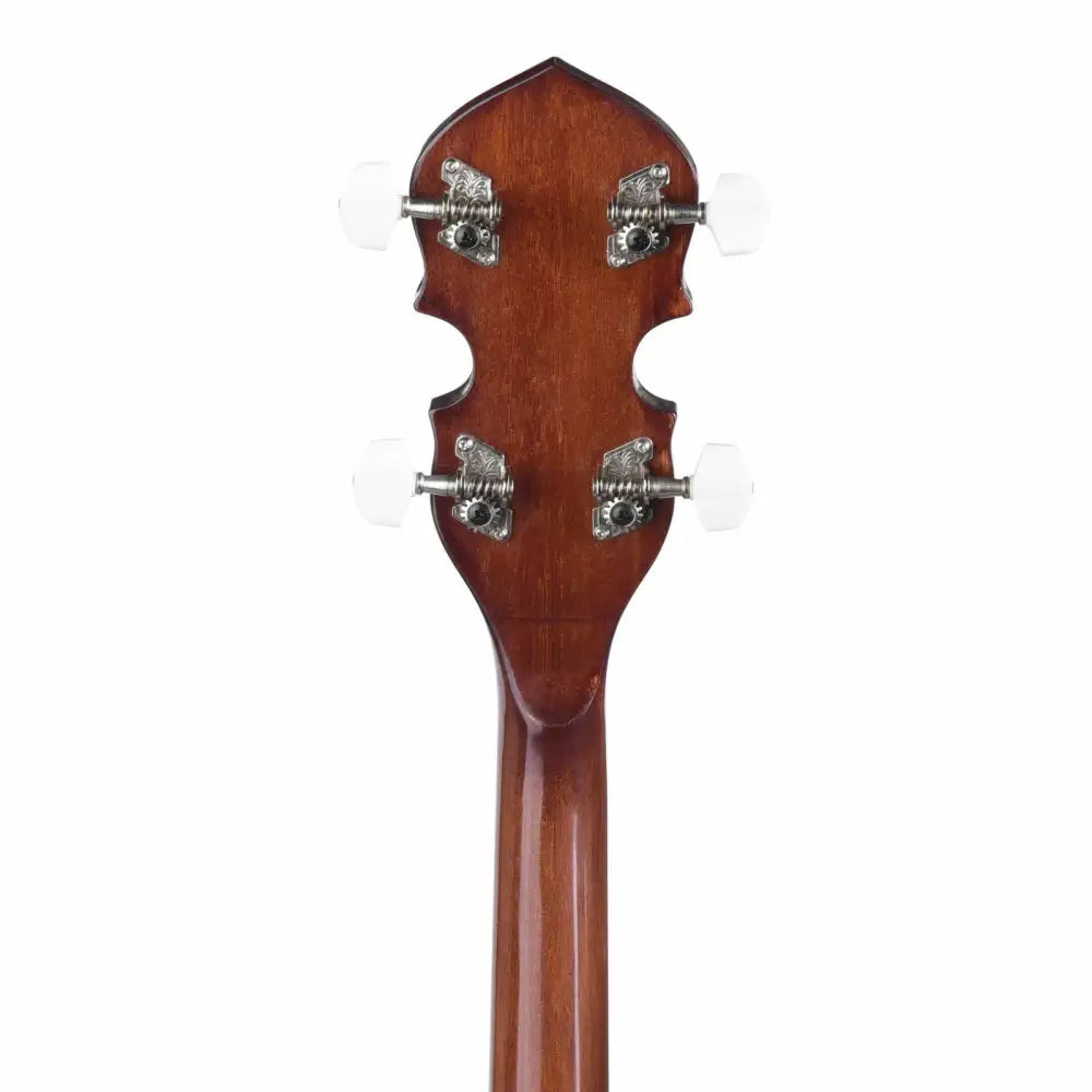 Back of Axiom 5 String Beginners Banjo headstock with four white tuning pegs