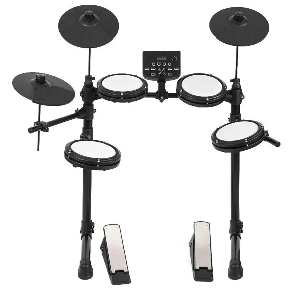 Black electronic drum kit with mesh pads and foot pedals, perfect beginner digital drum set