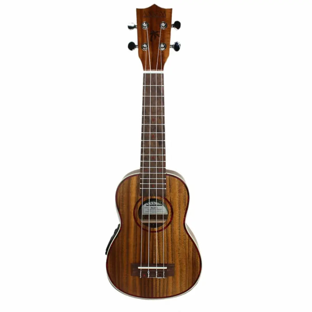 Brown wooden Axiom Alani electric concert ukulele with pickup and intricate grain pattern