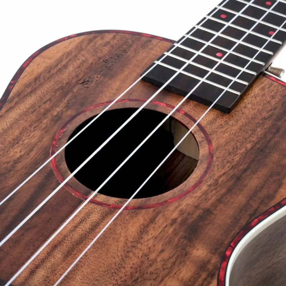 Close-up of Axiom Alani electric concert ukulele with pickup, brown wood, white strings