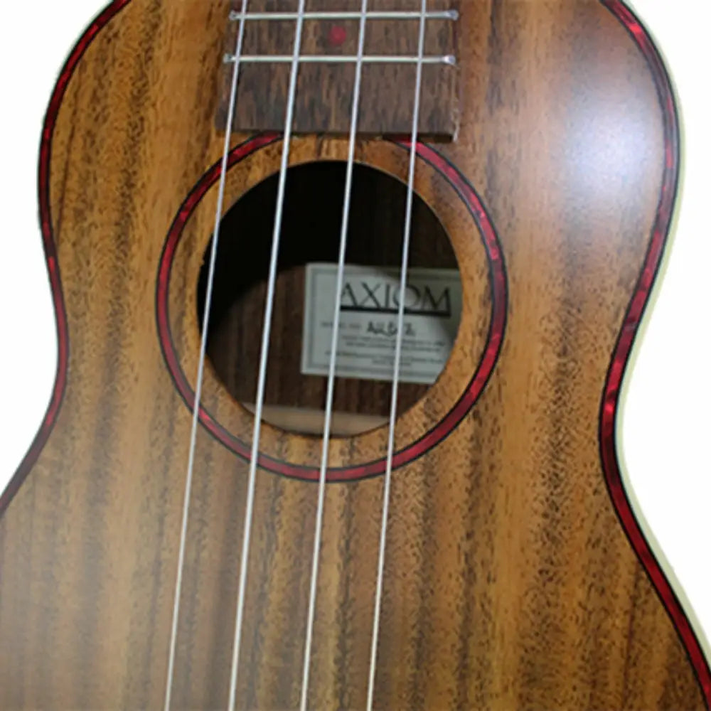 Wooden Axiom Alani electric concert ukulele with pickup, dark grain, red binding