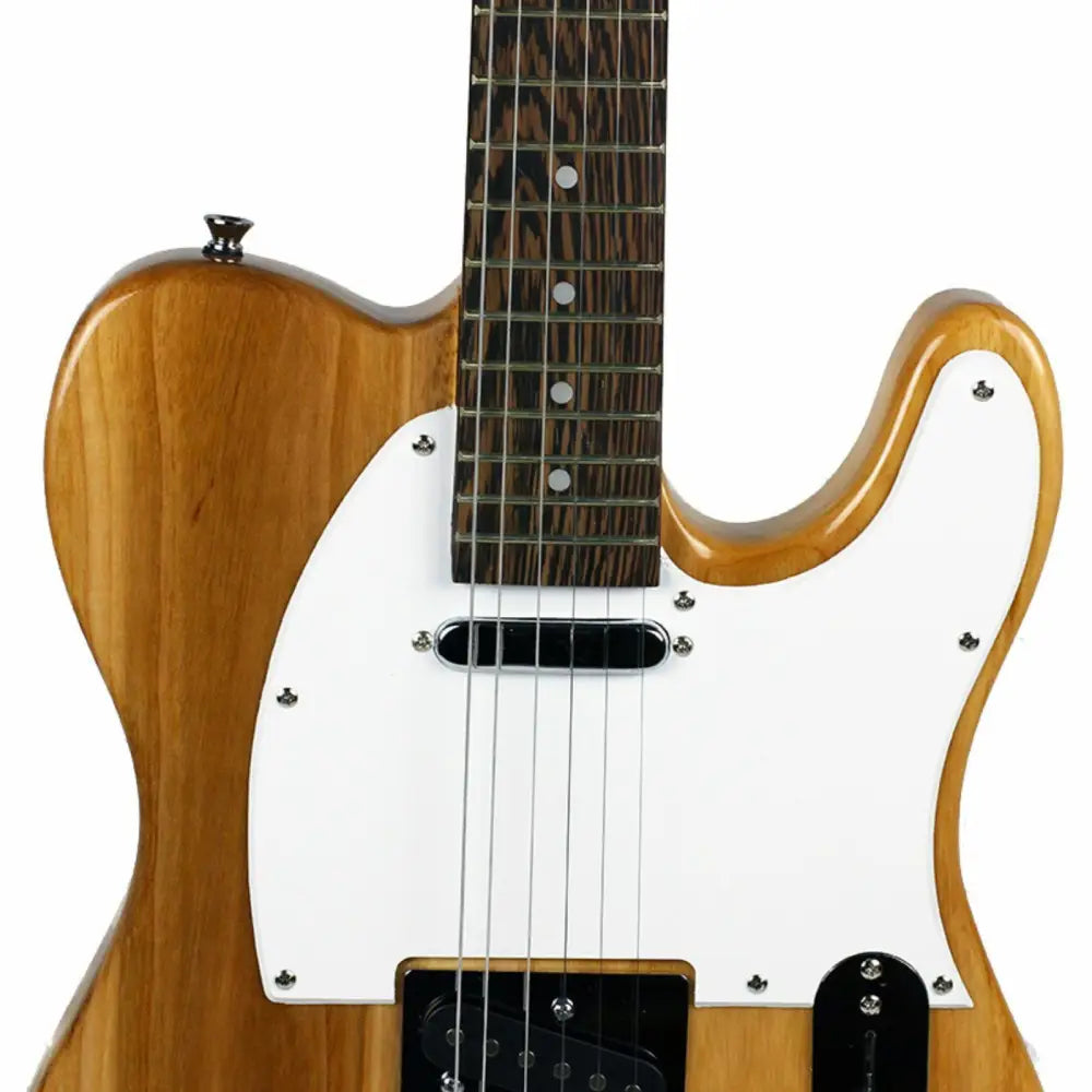 Light wood solid body electric guitar with white pickguard and dual pickups