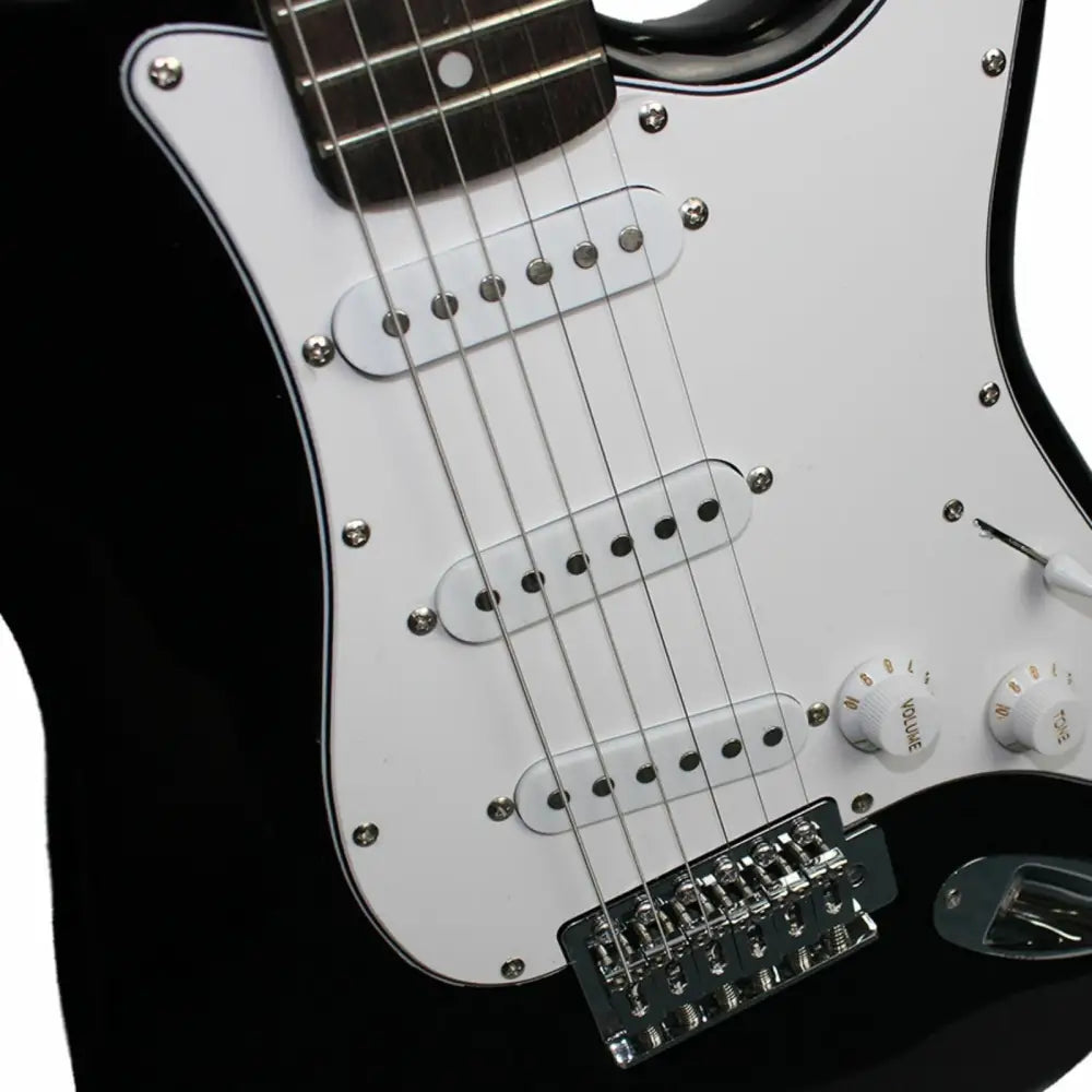 Black electric guitar with white pickguard and three single-coil pickups in Axiom Beginner Electric Guitar Pack