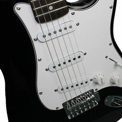 Black electric guitar with white pickguard and three single-coil pickups in Axiom Beginner Electric Guitar Pack