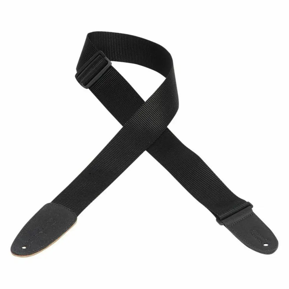 Black woven guitar strap with adjustable buckle and leather ends for first electric guitar