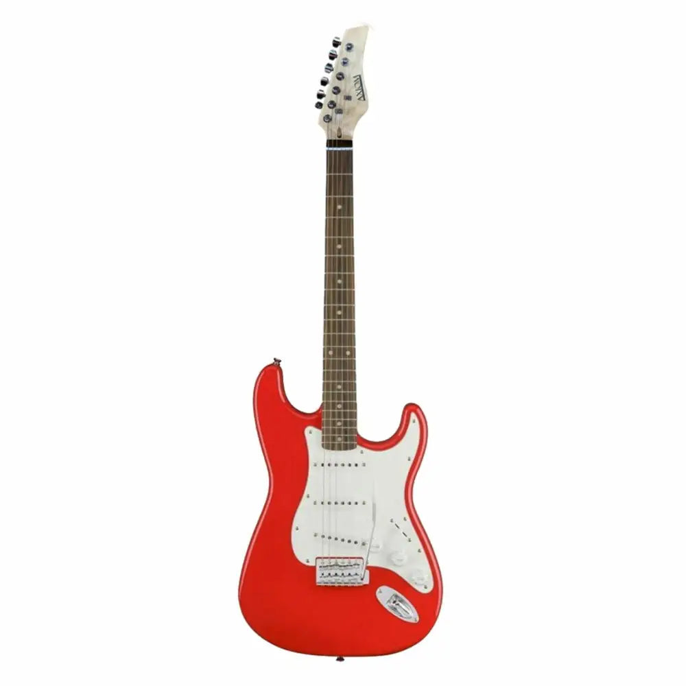 Red electric guitar with white pickguard from Axiom Beginner Electric Guitar Pack