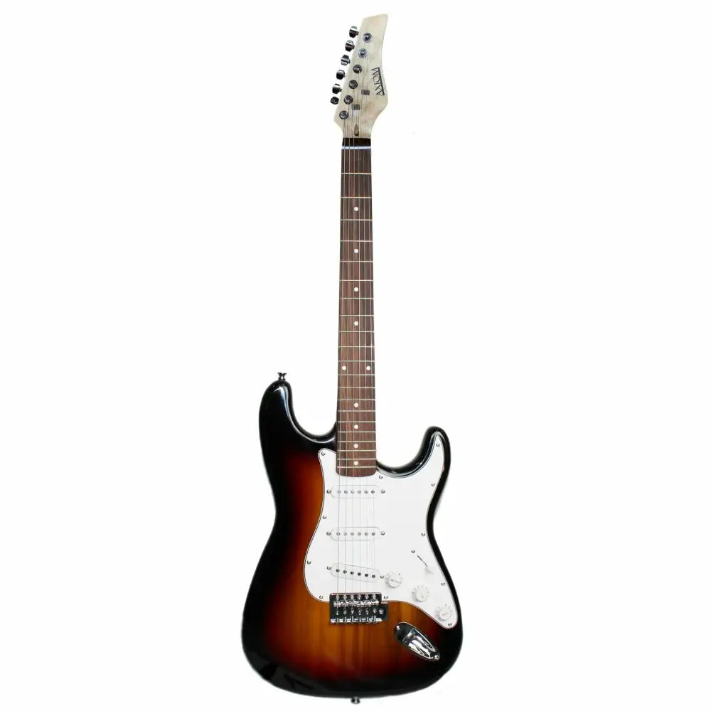 Sunburst electric guitar for beginners with white pickguard and light-colored headstock