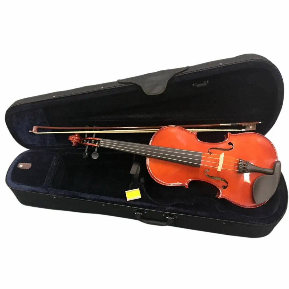 Glossy brown 16 inch viola with bow in open black case from Axiom Beginner Viola Outfit