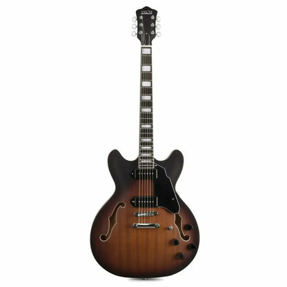Axiom Bluesmaster Electric Guitar featuring a brown and black sunburst hollow-body with f-holes and high density hardwood fingerboard