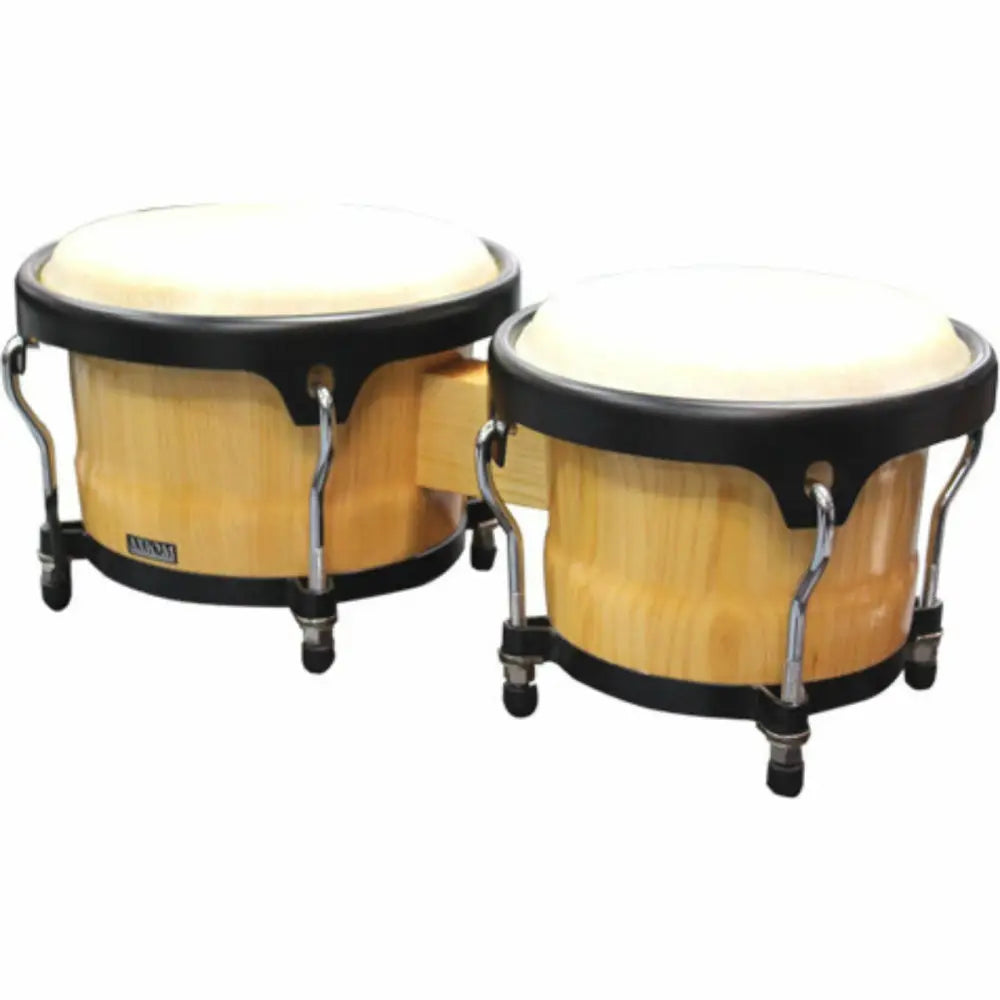 Light brown wooden bongo drums for sale with white drumheads and black rims