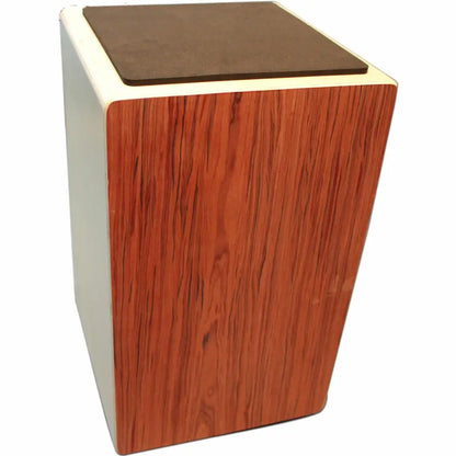 Wood-grain trash can with brown lid, complementing Axiom Cajon Drum darkwood veneer