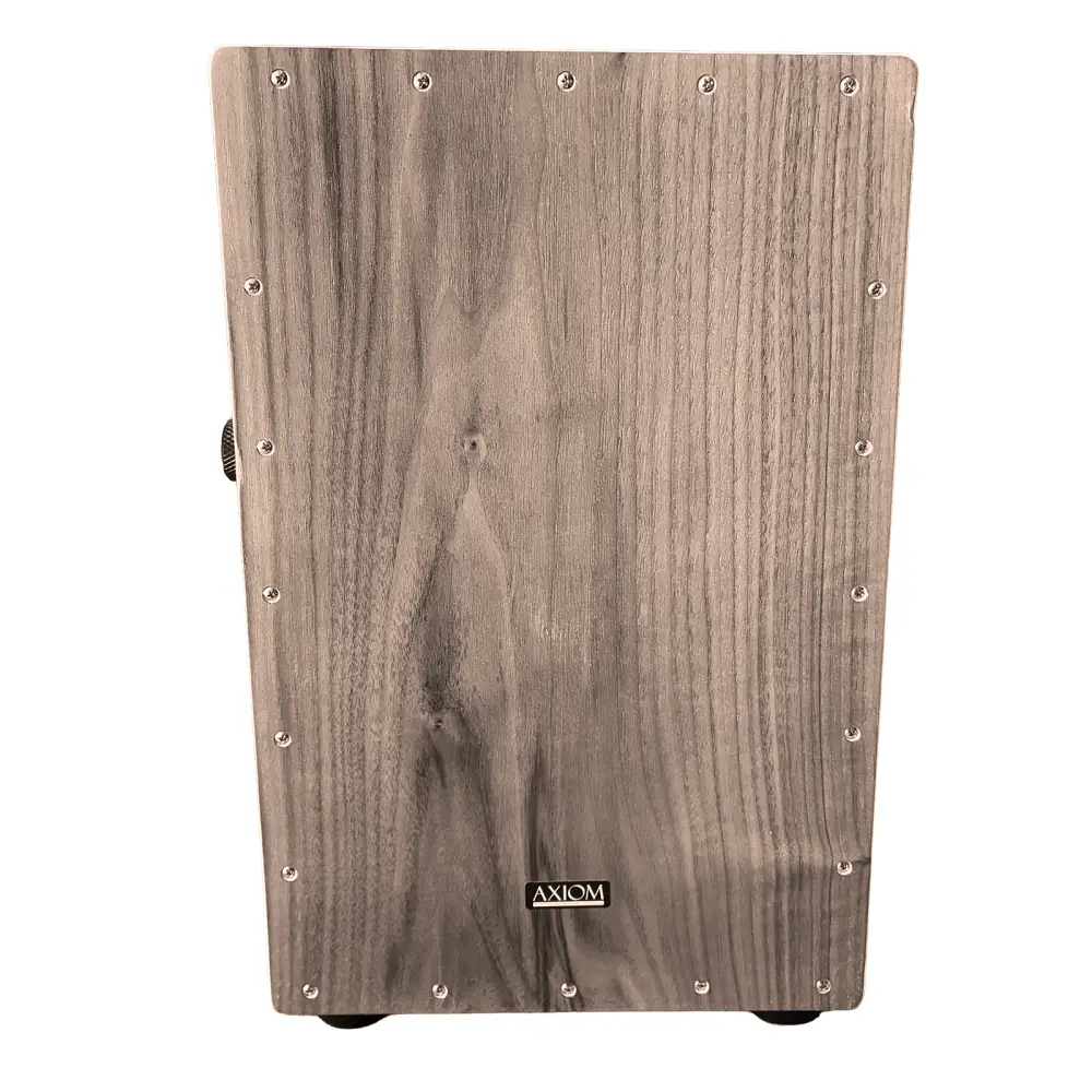 Gray wood-finish axiom cajon drum with visible grain and silver screws, perfect budget cajon box drum for sale australia