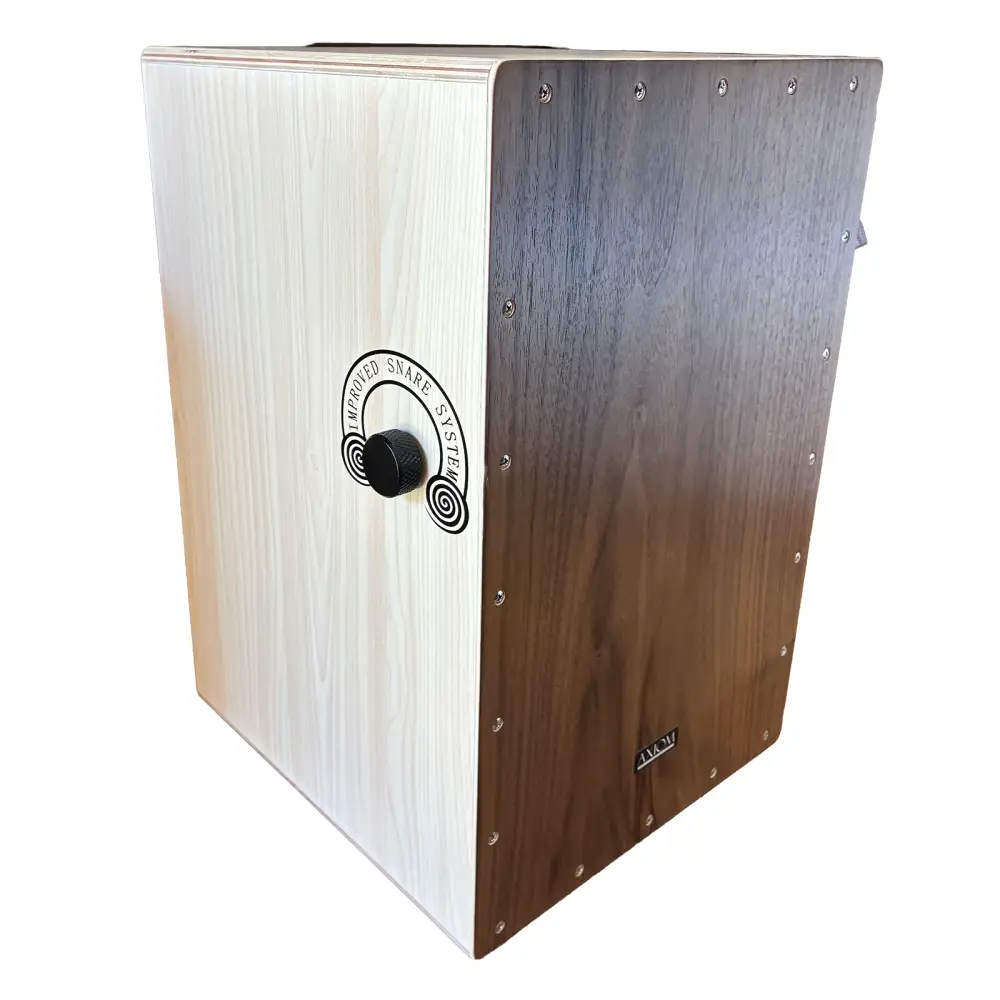 Axiom cajon drum dark wood with two-tone wooden body and improved snake system logo perfect budget cajon for sale australia