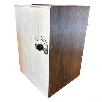 Axiom cajon drum dark wood with two-tone wooden body and improved snake system logo perfect budget cajon for sale australia