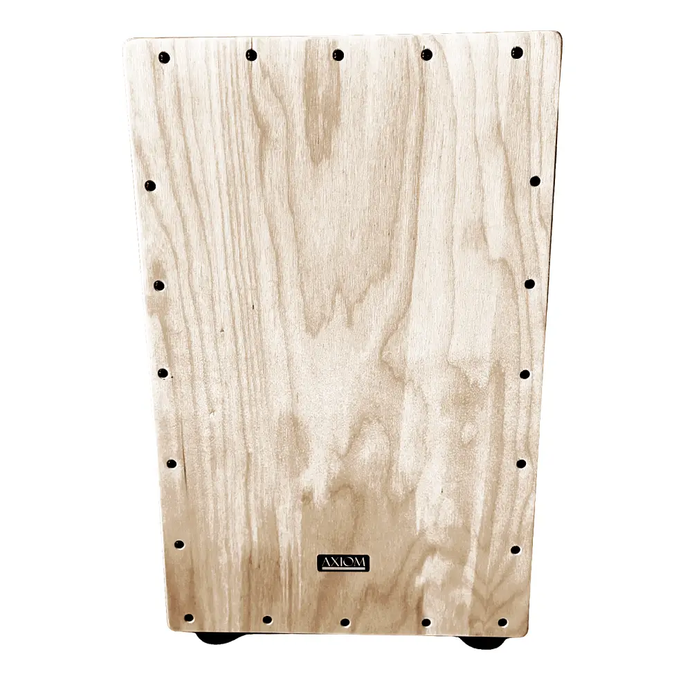 Light-colored solid timber axiom cajon drum with black sound holes and anicom logo perfect cheap cajon box drum for sale