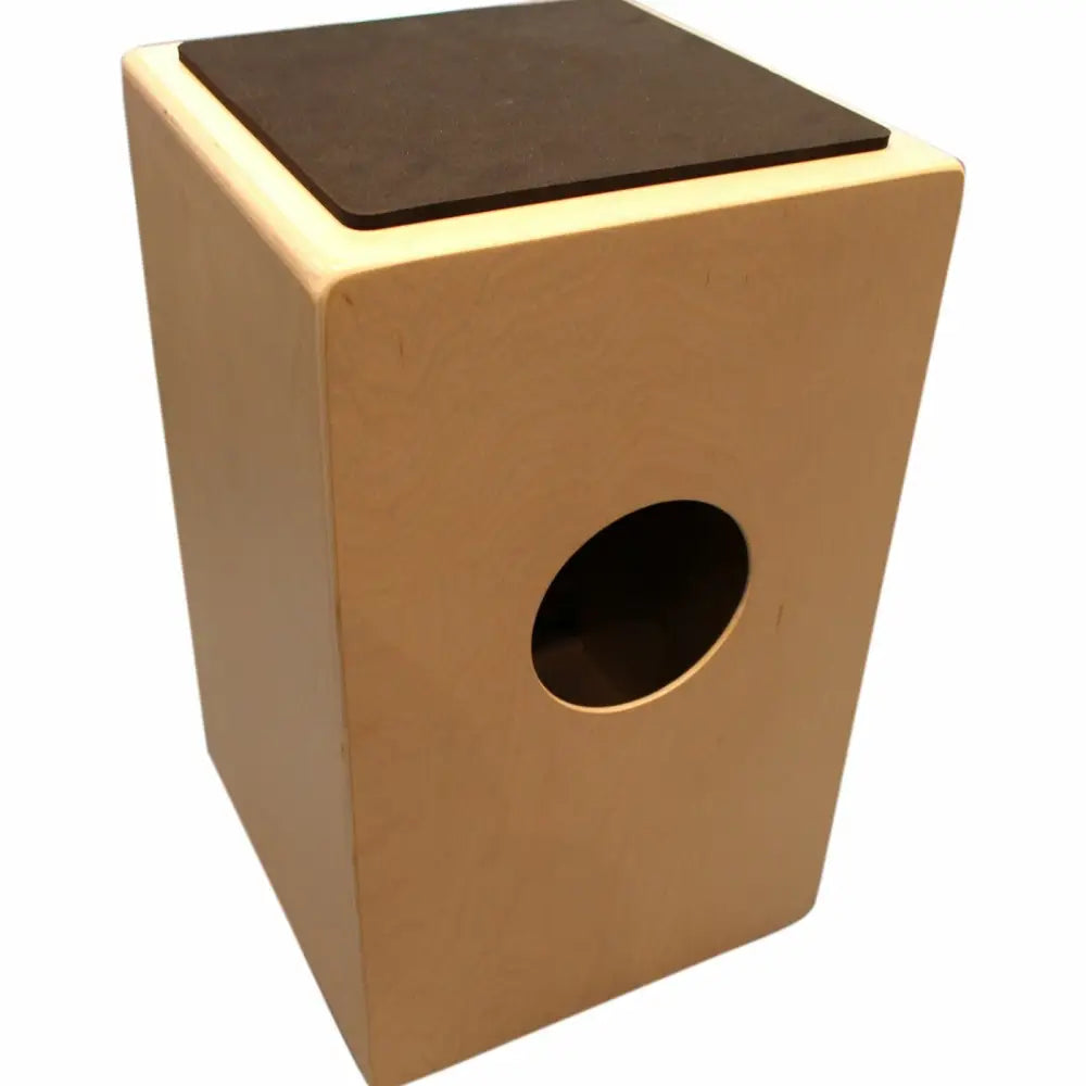 Light-colored wooden Axiom Cajon Drum with black playing surface and soundhole, perfect cajon box drum for sale