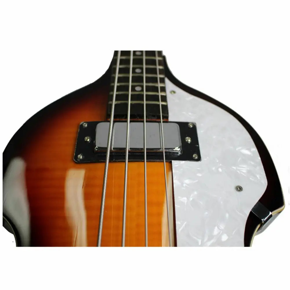 Sunburst finish Axiom Cavern Beatle Bass with white pearloid pickguard and chrome pickup cover
